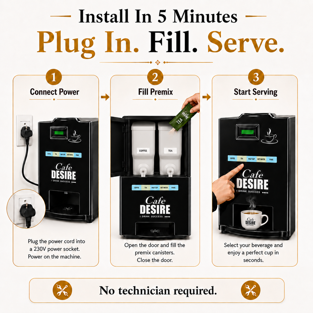 2 Lane LED Tea & Coffee Premix Vending Machine | Cafe Desire
